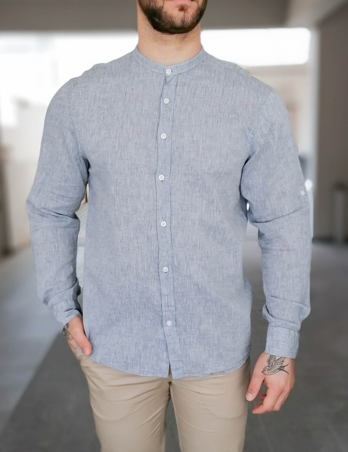 Ανδρικό γκρι λινό πουκάμισο με μάο γιακά 17038G φωτογραφία